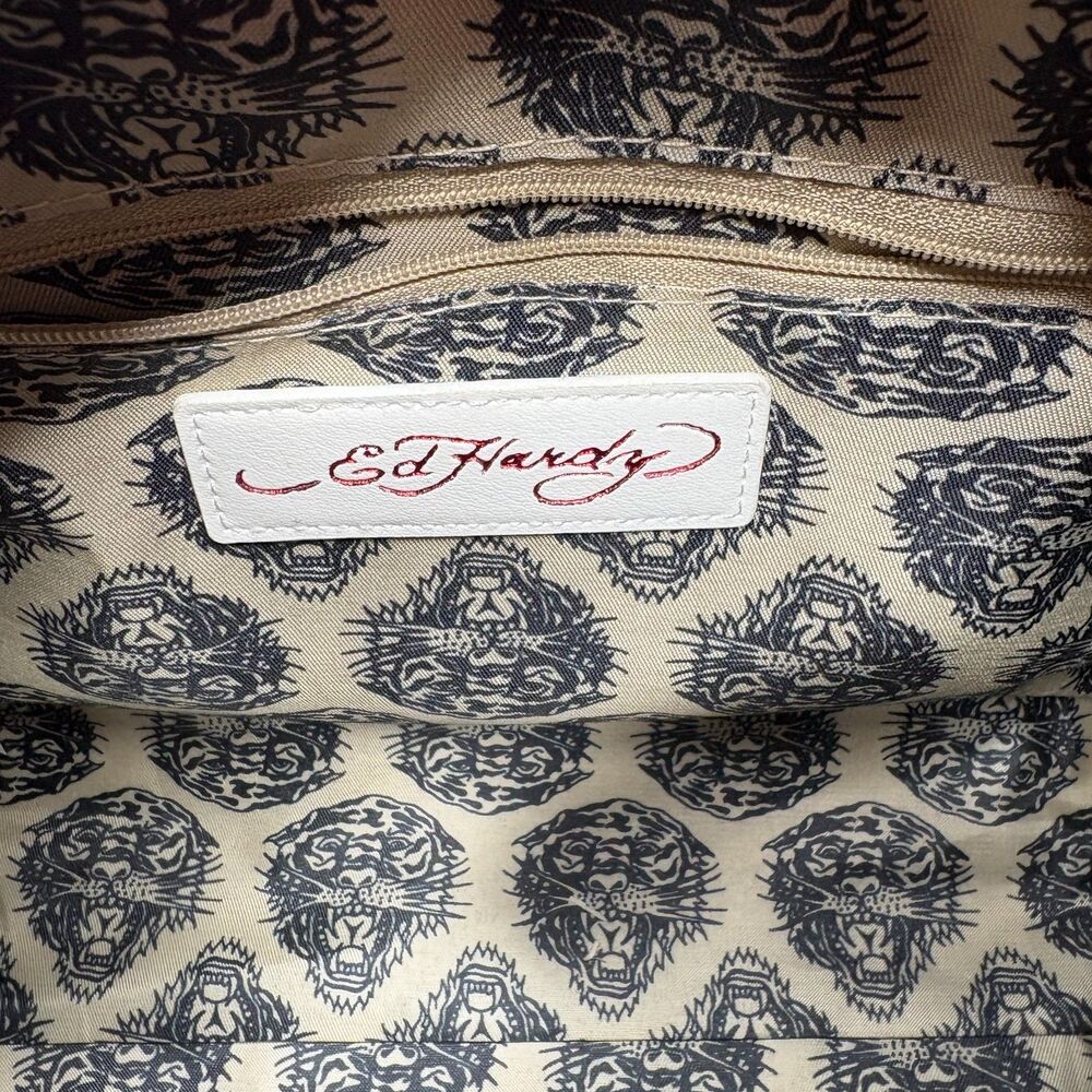 ED HARDY Tattoo Hearts Skull Womens Pink/White Mini Bowler Bag Purse - Picture 6 of 9